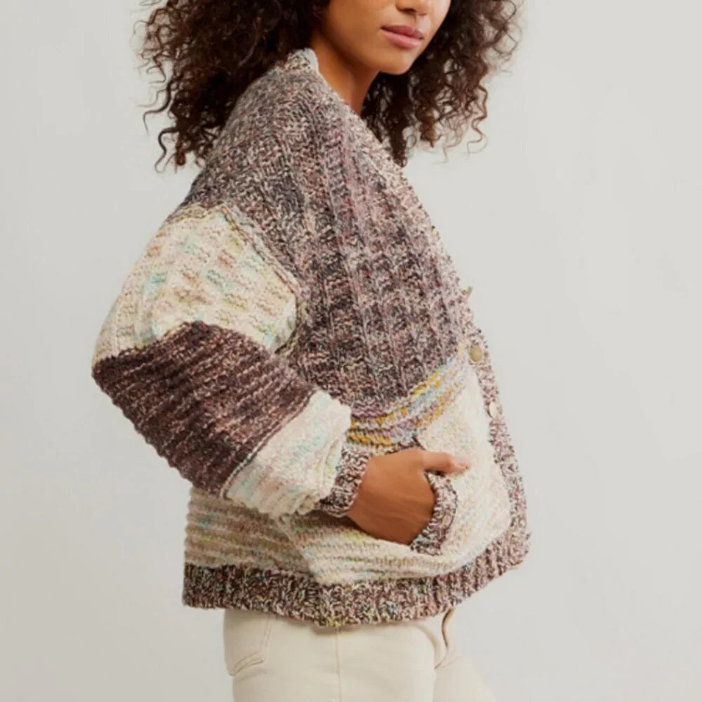 Free People Isabella Cardigan Chunky Knit Slouchy Brown Cream Patchwork M